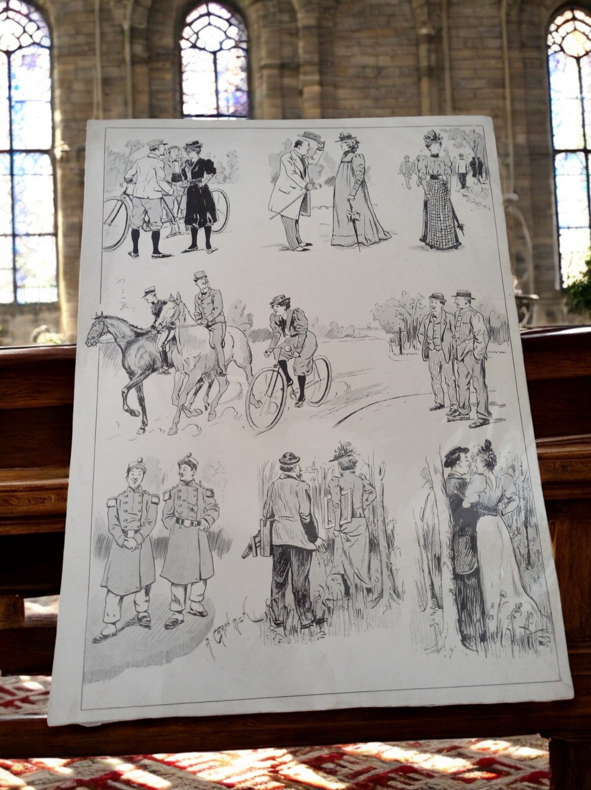Planche illustrée vintage scènes vie bourgeoise XIXe, dessin encre, costume anci
