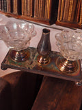 Encrier ancien métal argenté double godet verre déco bureau vintage rétro