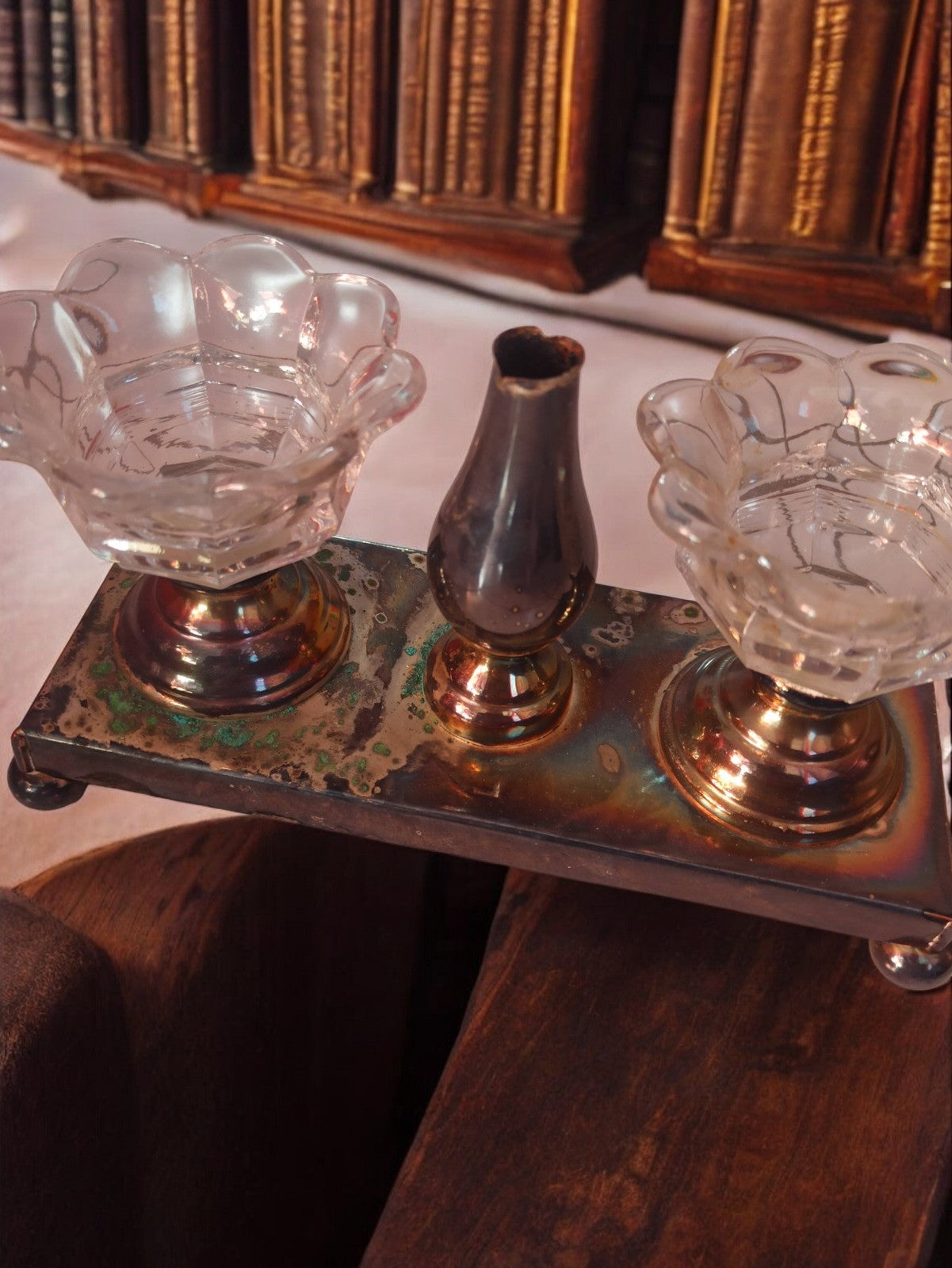 Encrier ancien métal argenté double godet verre déco bureau vintage rétro