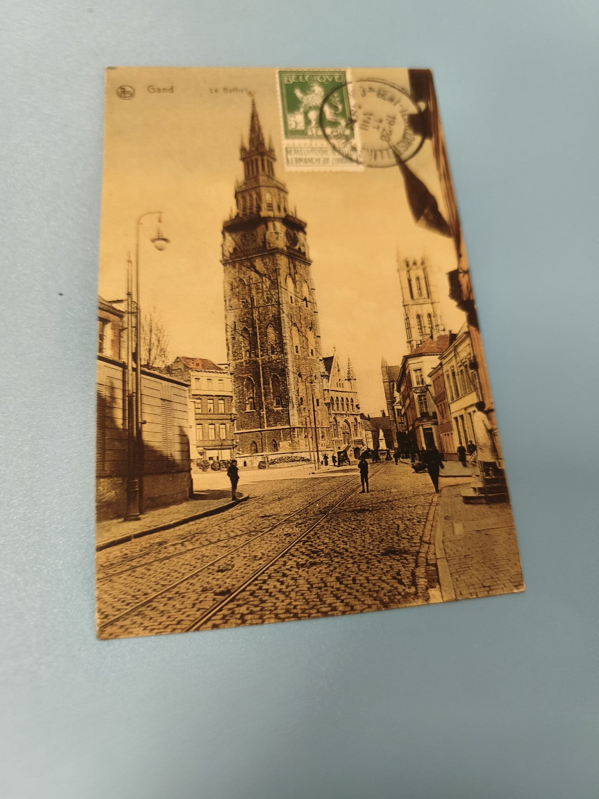 Carte postale ancienne Gand Le Beffroi tramway timbrée architecture rétro