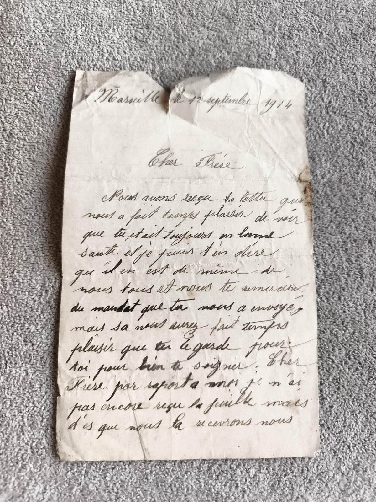 Lettre manuscrite ancienne 1914 WW1 Marseille première guerre papier encre