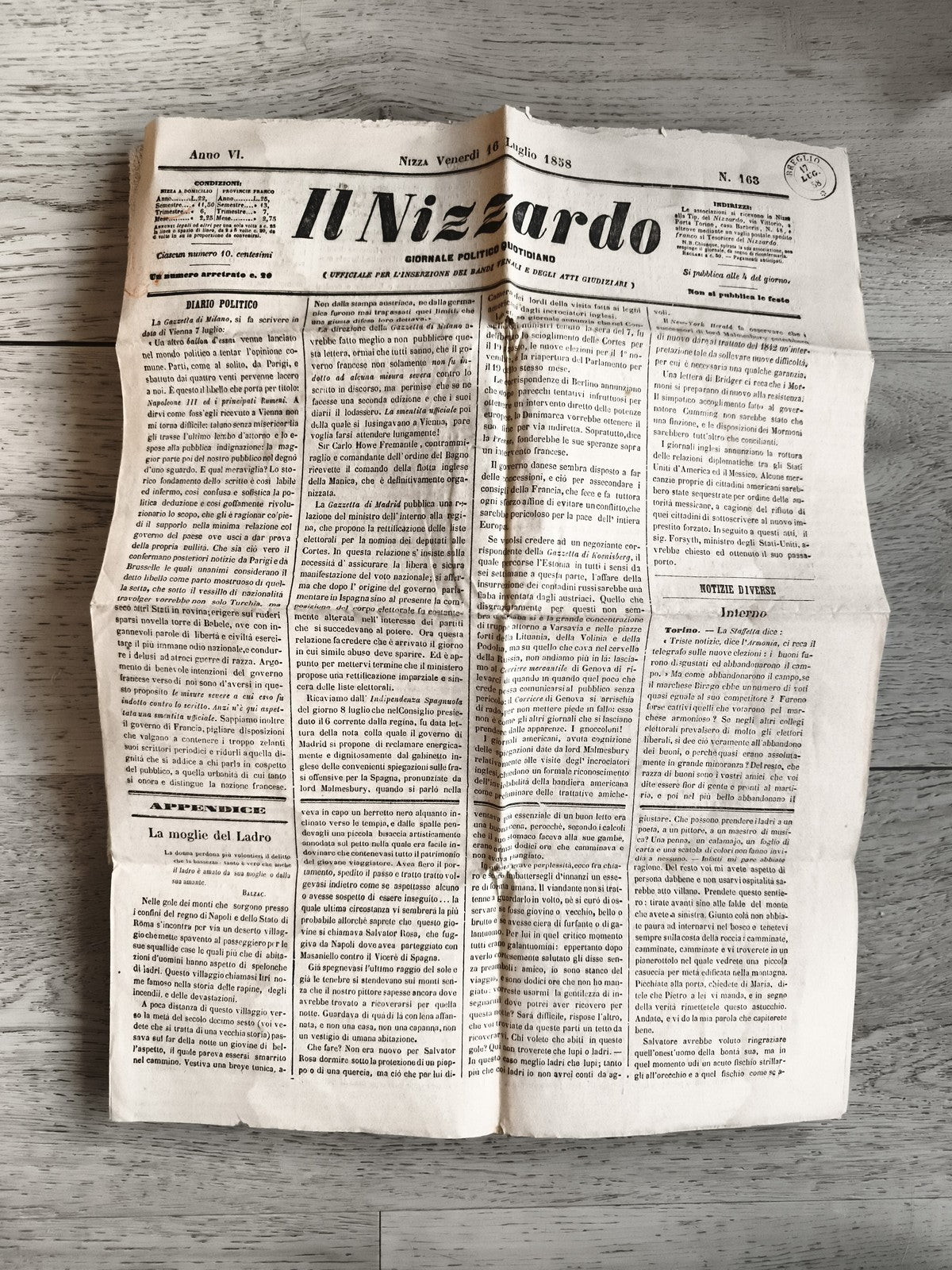 Ancien journal Il Nizzardo 1838 Nice Italie presse historique XIXe