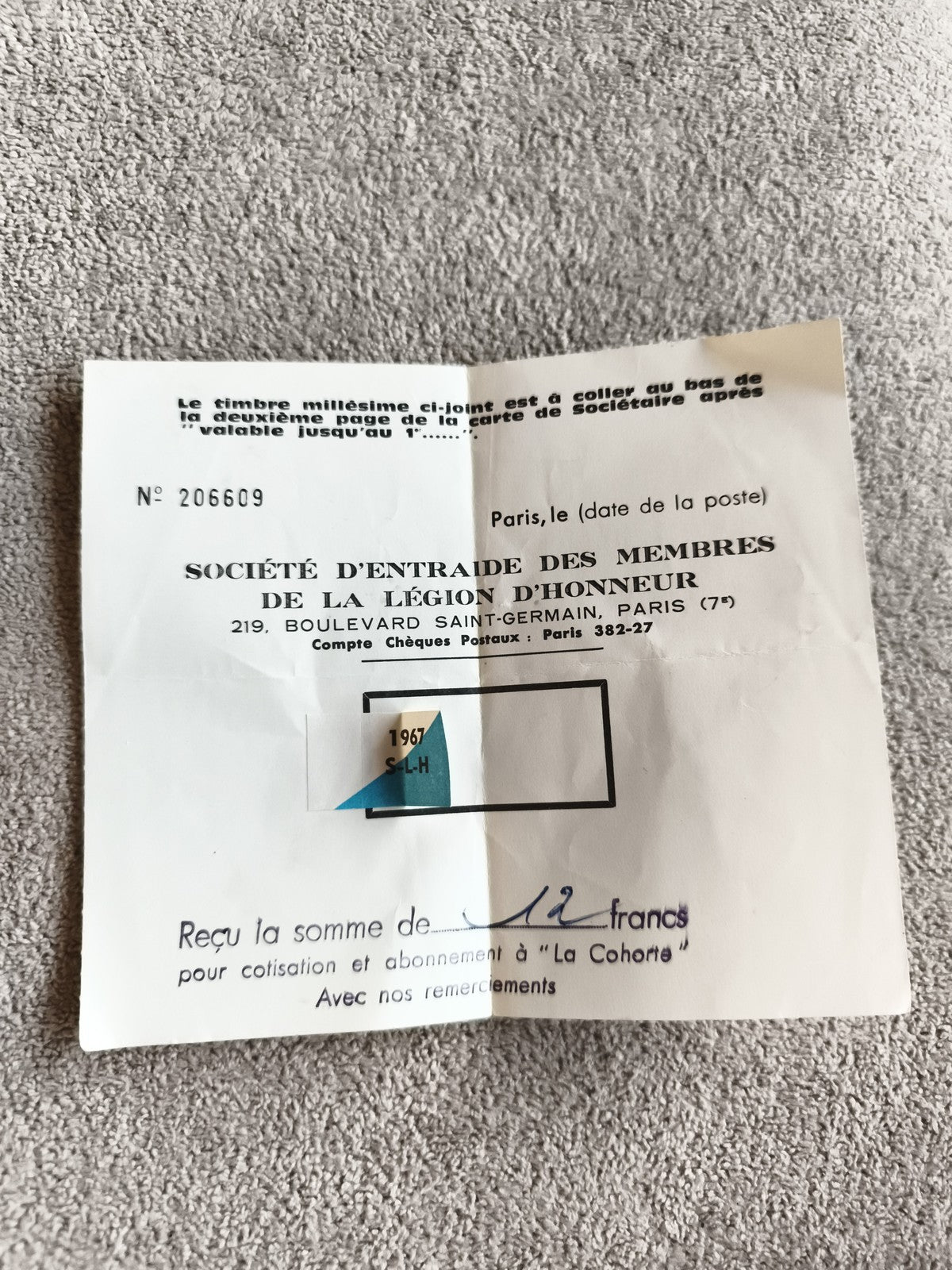 Reçu ancien 1967 Société d'Entraide Légion d'Honneur Paris, timbre SLH