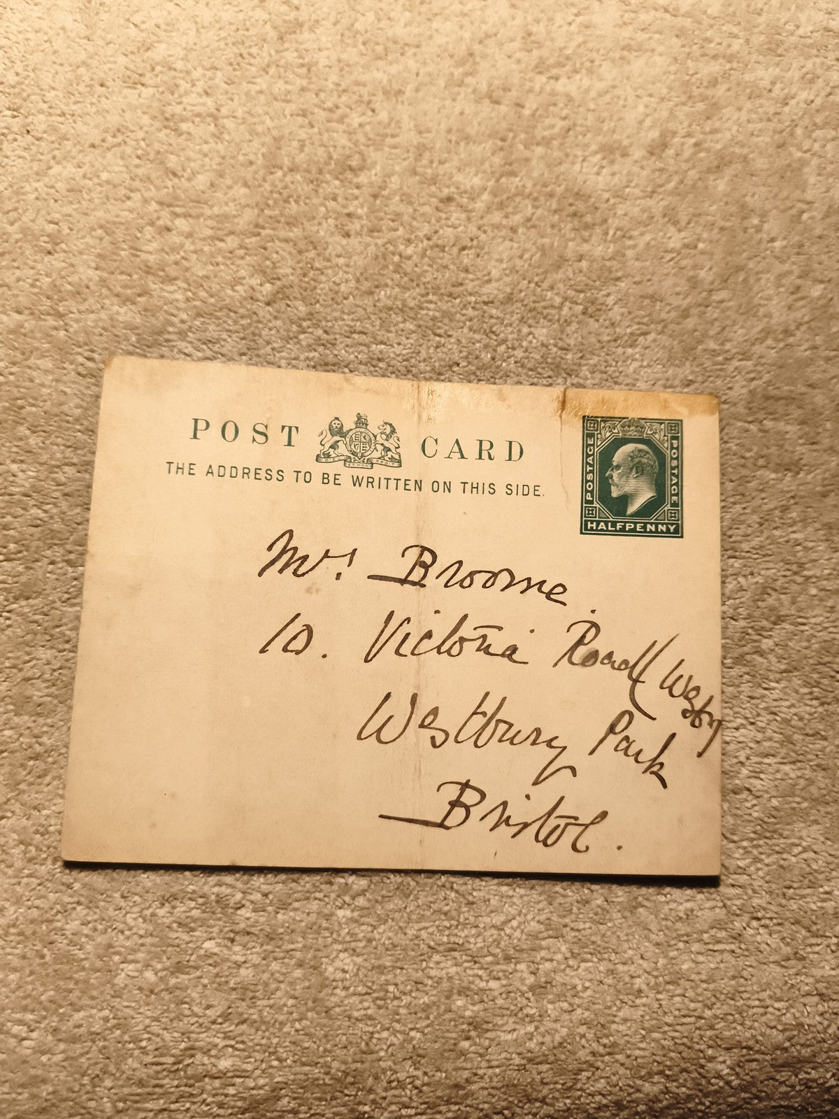 Carte postale Royaume-Uni timbre halfpenny vert George V Bristol philatélie (Ref