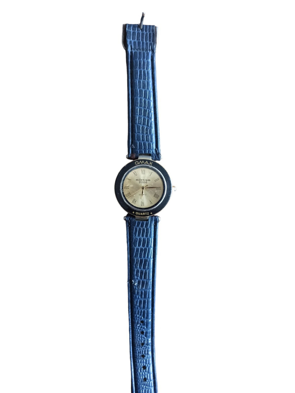 Montre vintage Omax Millenium 2000 bleu, quartz, cadran doré, bracelet effet cro