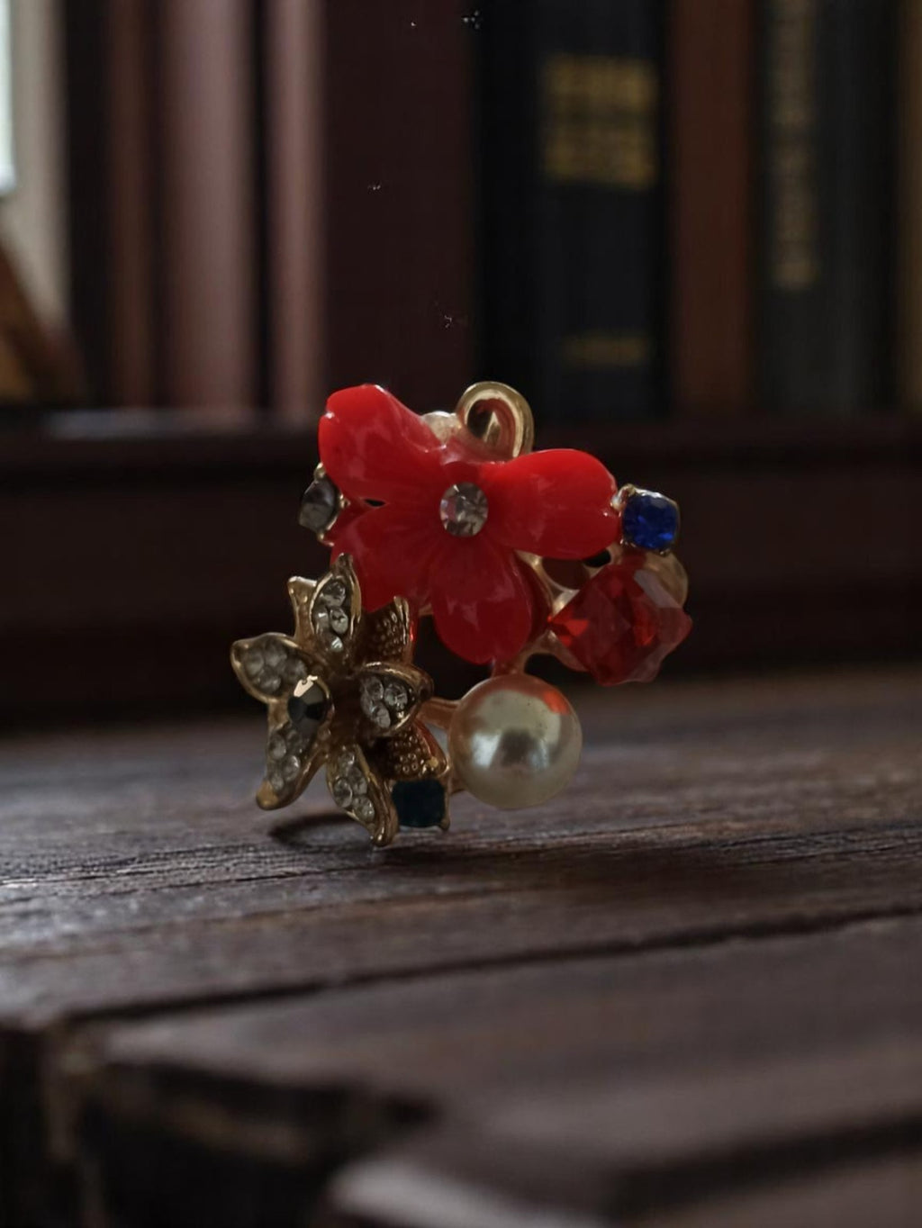 Bague fantaisie vintage fleur rouge perle strass rétro taille 54