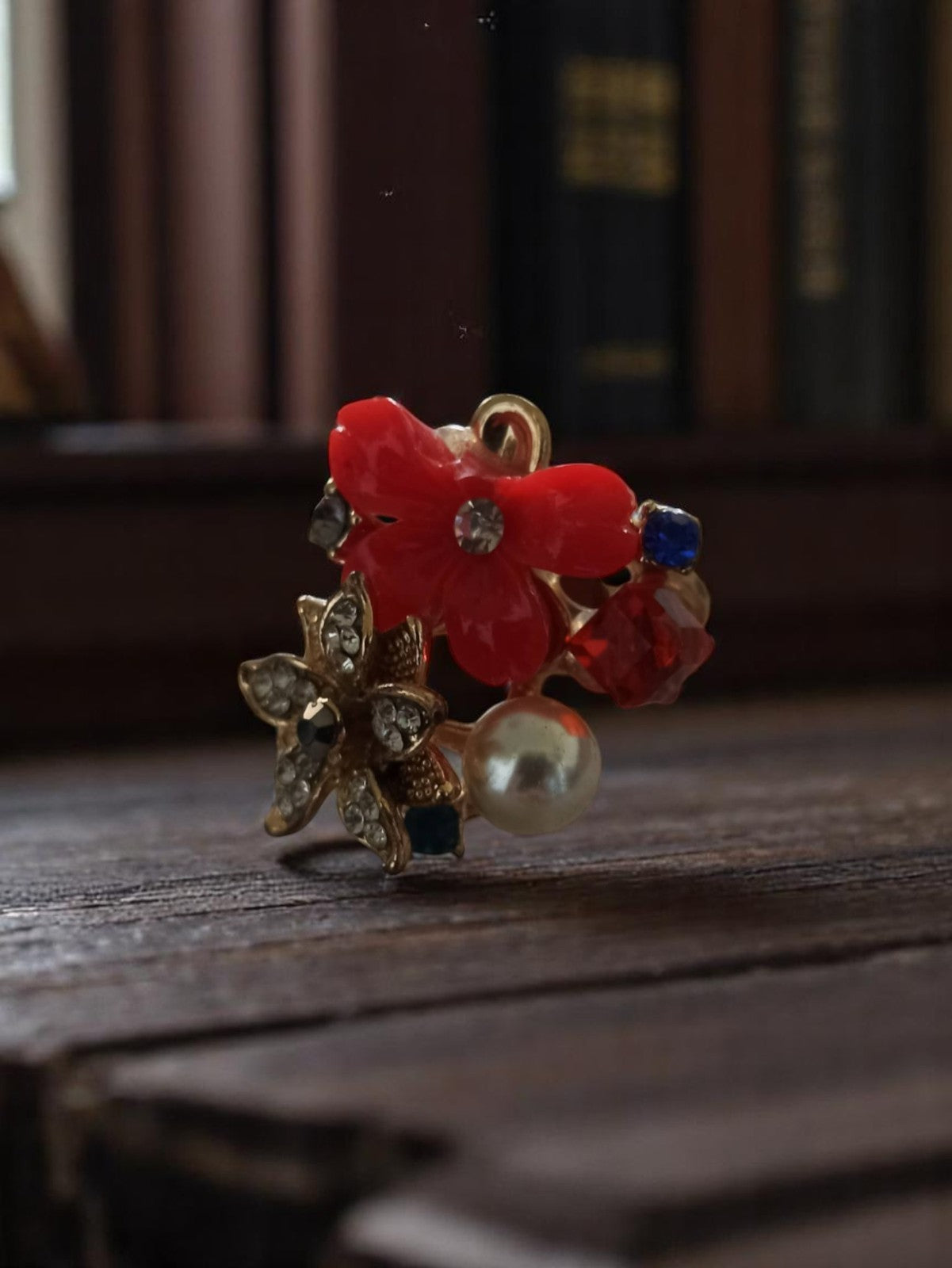 Bague fantaisie vintage fleur rouge perle strass rétro taille 54