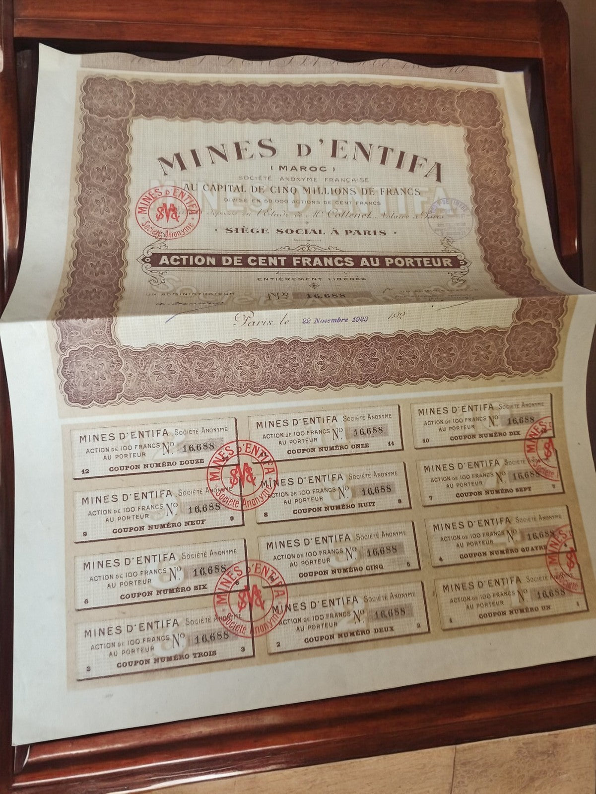 Old Shares Entifa Mines Morocco 1923 vintage decorative financial title