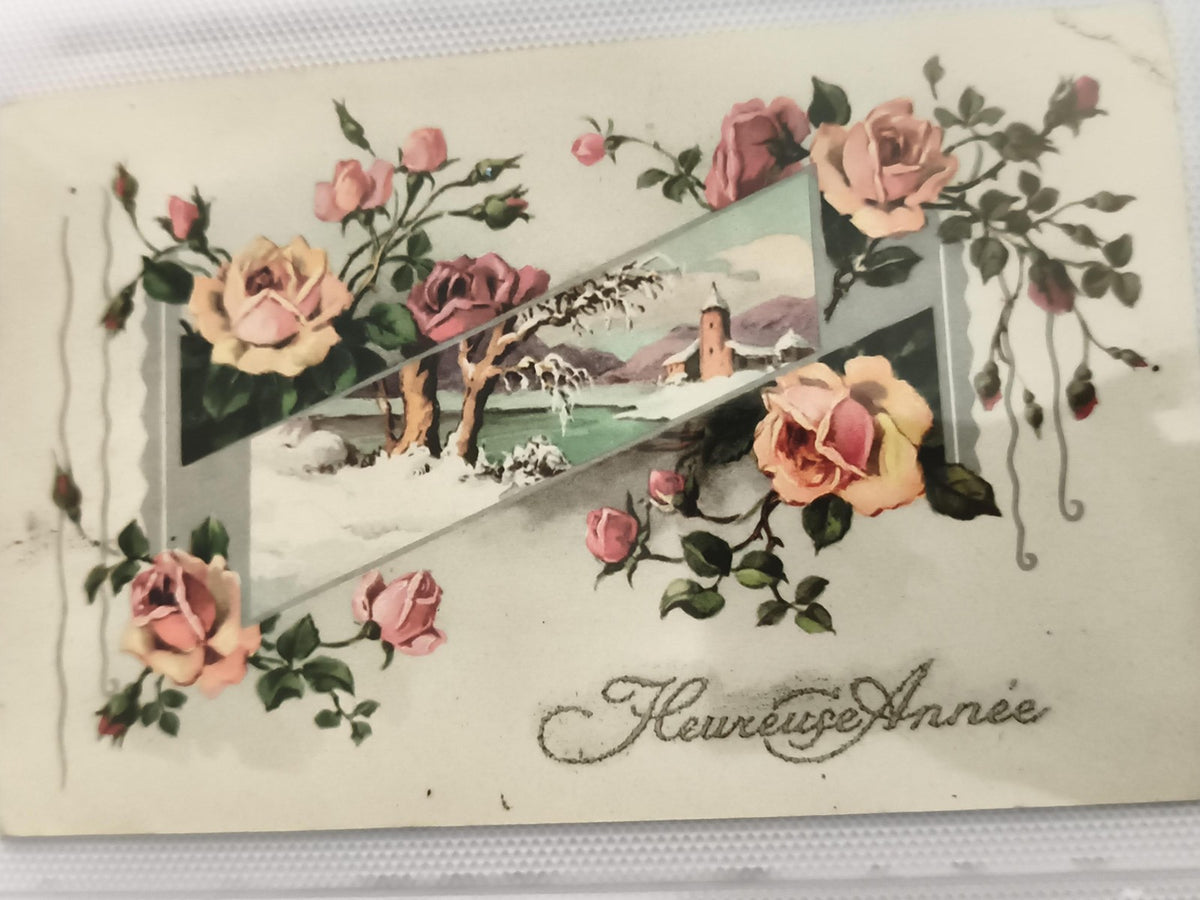 Carte postale ancienne Heureuse Année roses paysage hiver CPA vintage