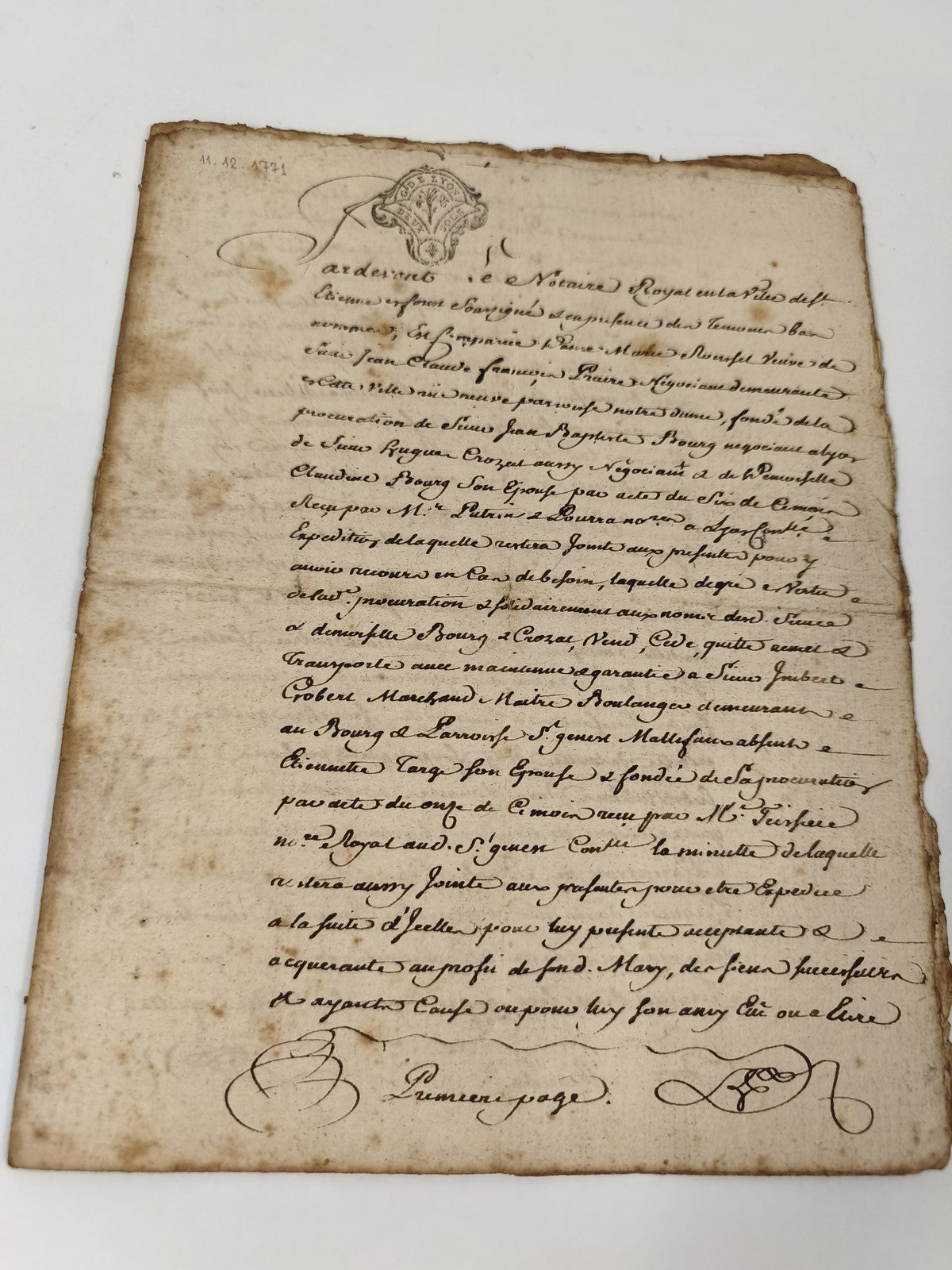 Lettre manuscrite administrative XVIIIe, 1771, notaire royal Teissière