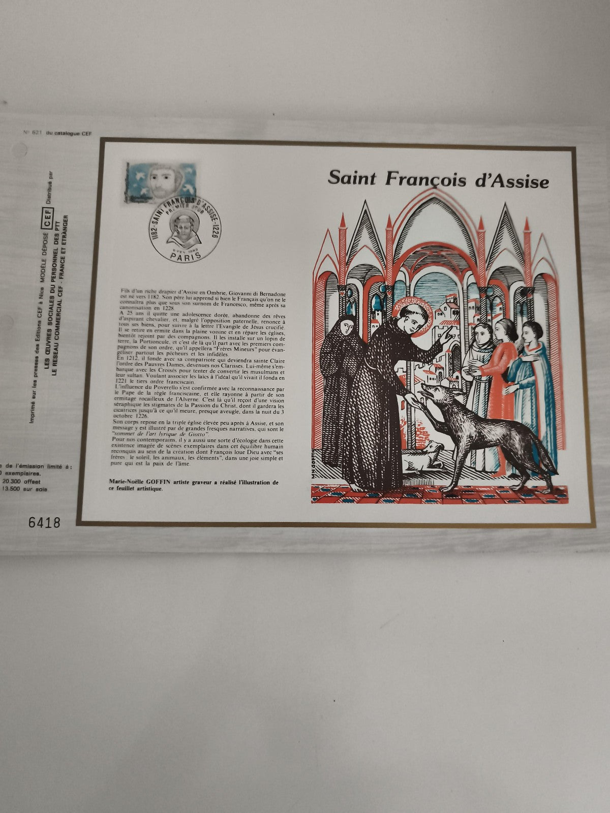 Feuillet philatélique CEF Saint François d’Assise illustration Goffin