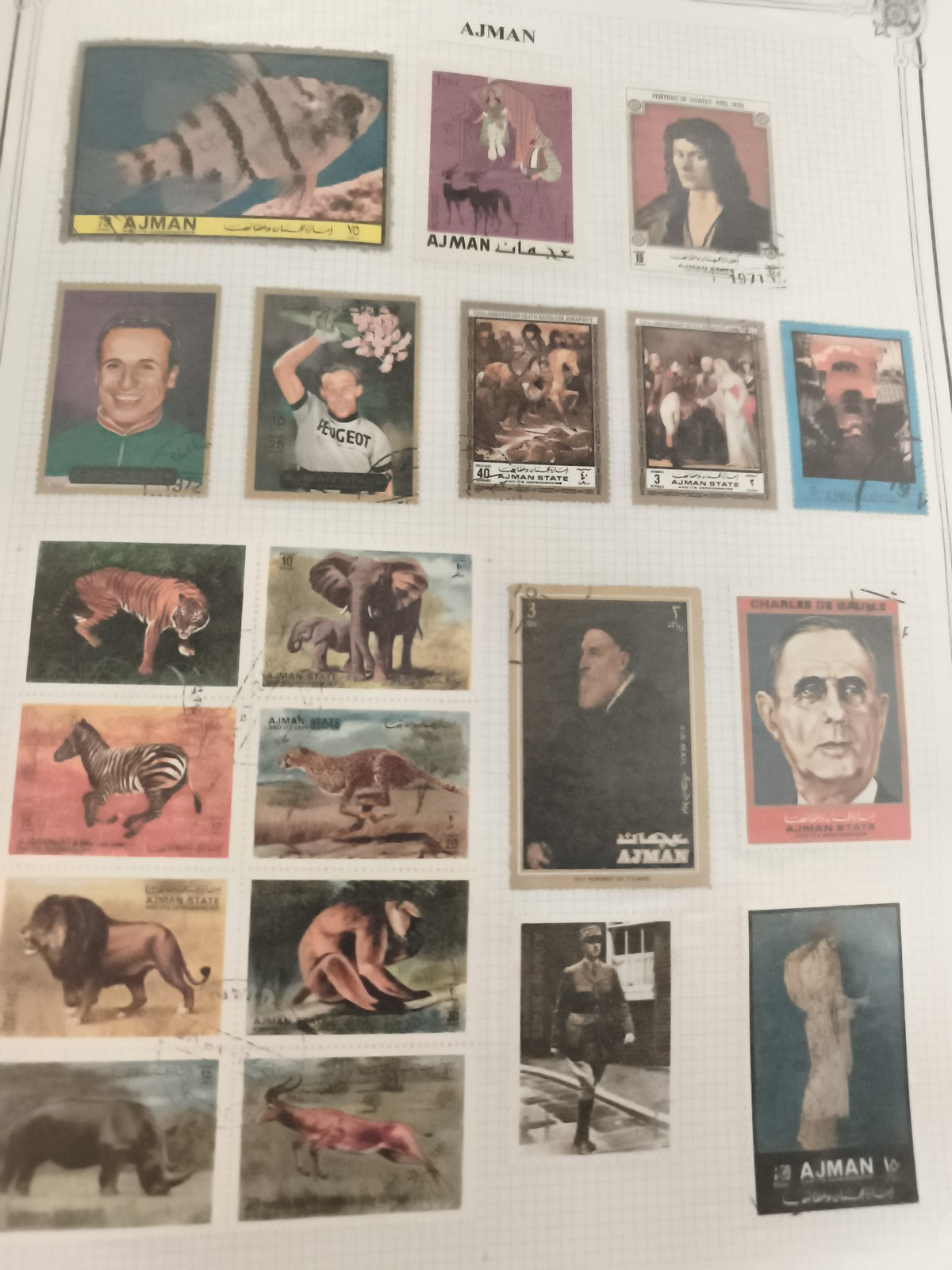 Timbres Ajman thématiques animaux, portraits, sport, lot oblitérés philatélie