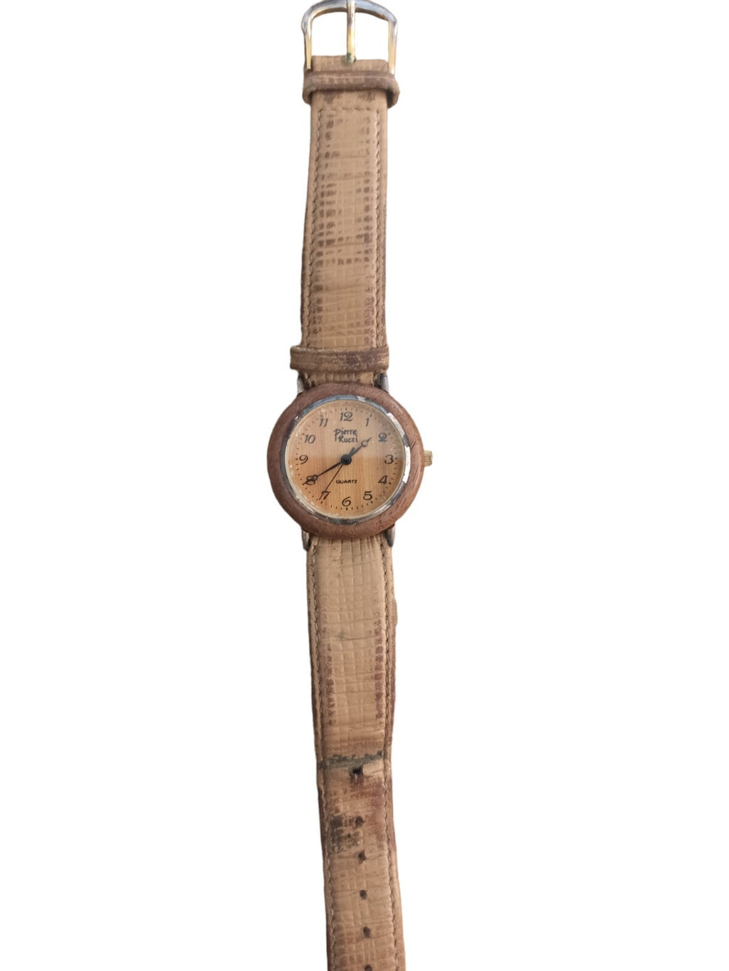 Montre vintage Pierre Rucci quartz, cadran beige, bracelet aspect croco
