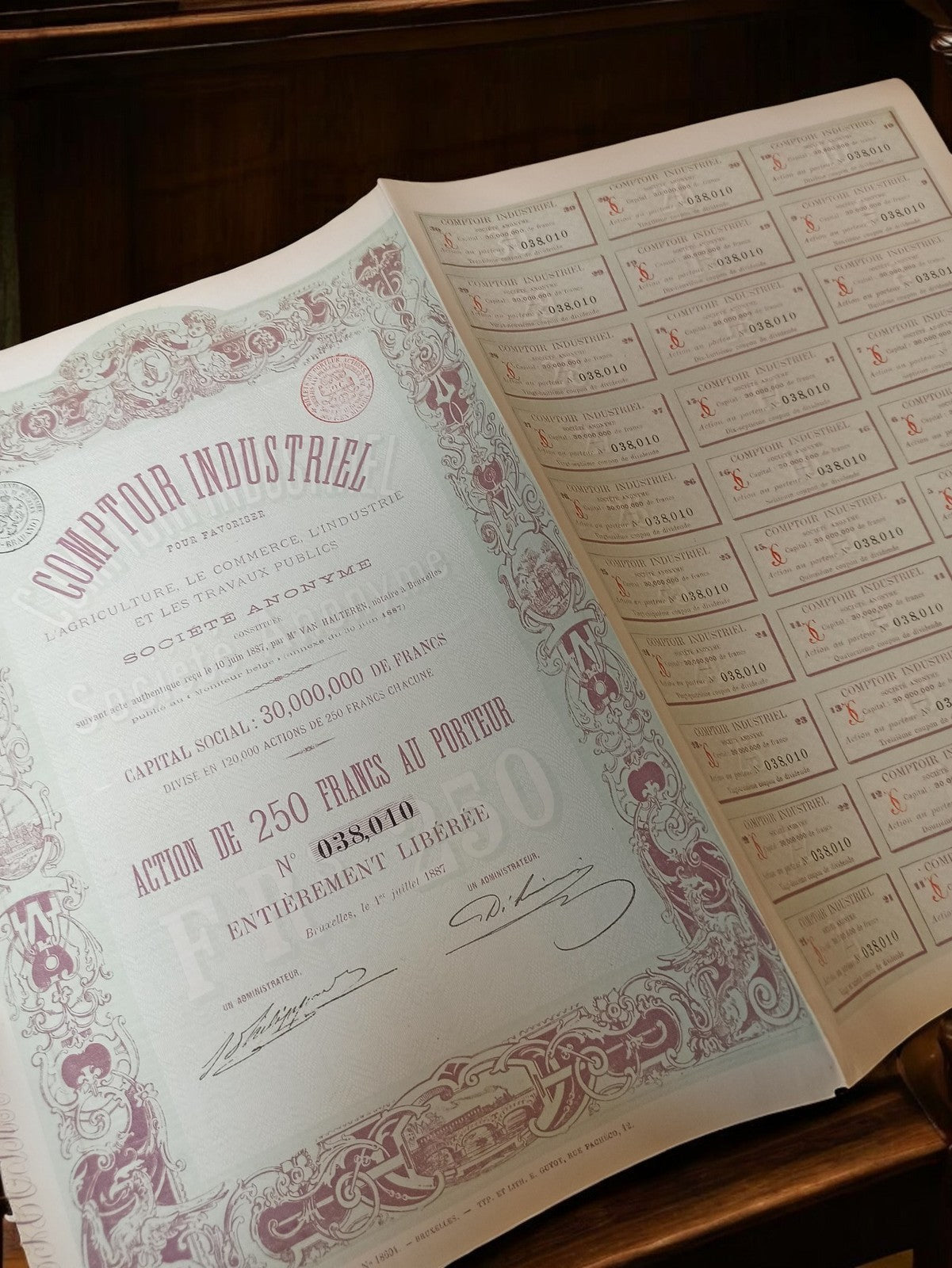Action au porteur Comptoir Industriel 250F vintage années 1920 document financie