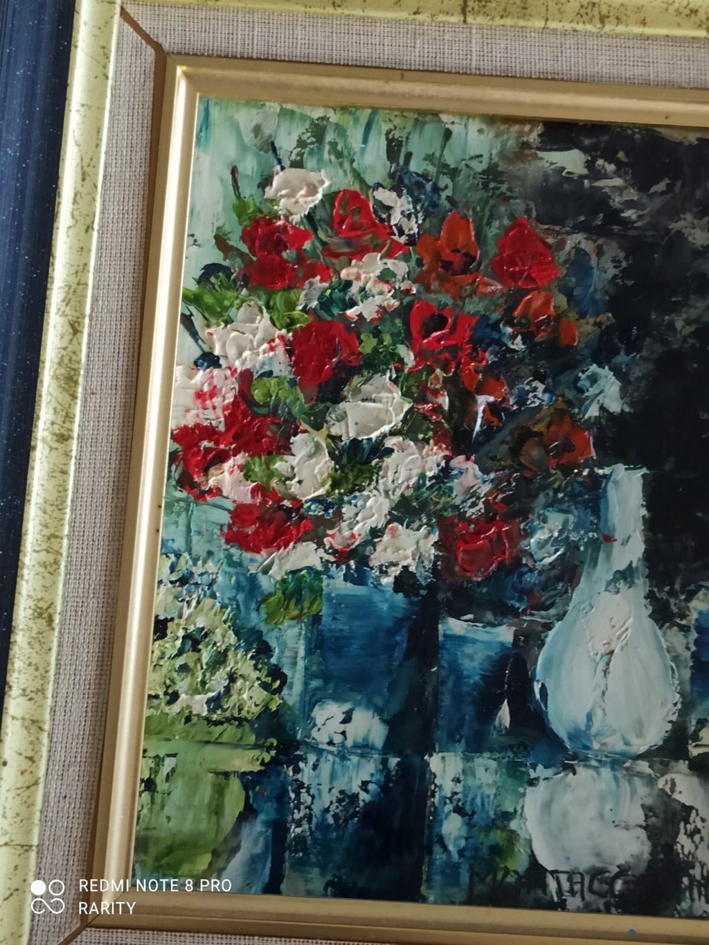 Tableau ancien signé Montaggioni fleurs nature morte cadre doré 32x28 cm peintur