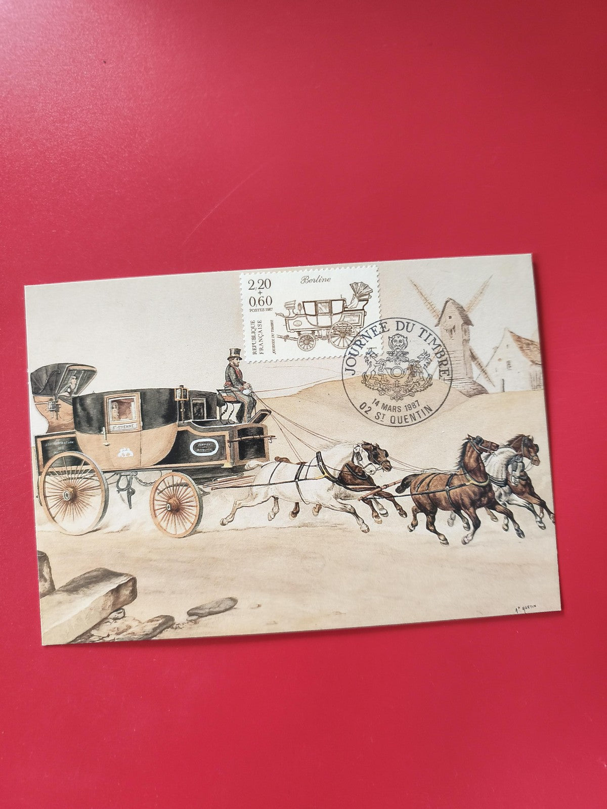 Carte postale philatélie timbre Berline diligence chevaux oblitérée France
