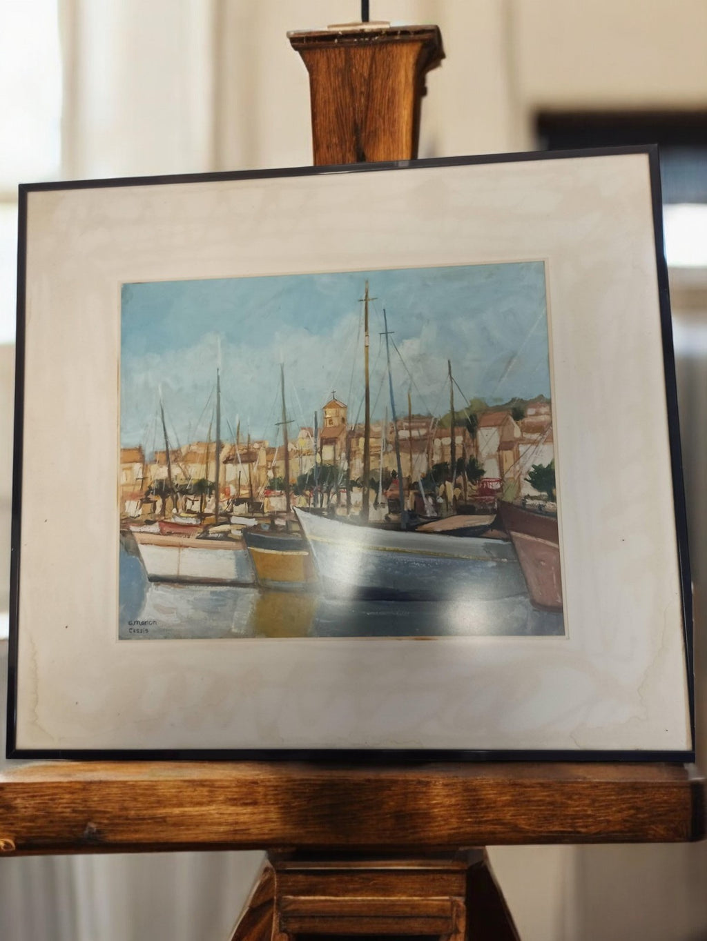 Tableau ancien port de Cassis signé Manon, peinture vintage encadrée rétro