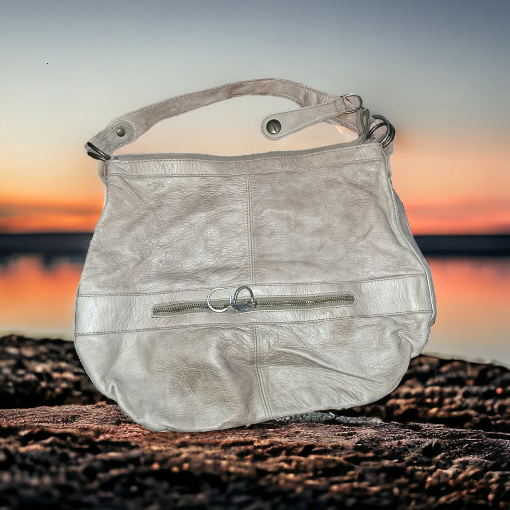 Sac à main gris cuir souple, anse épaule, fermeture zip, style chic