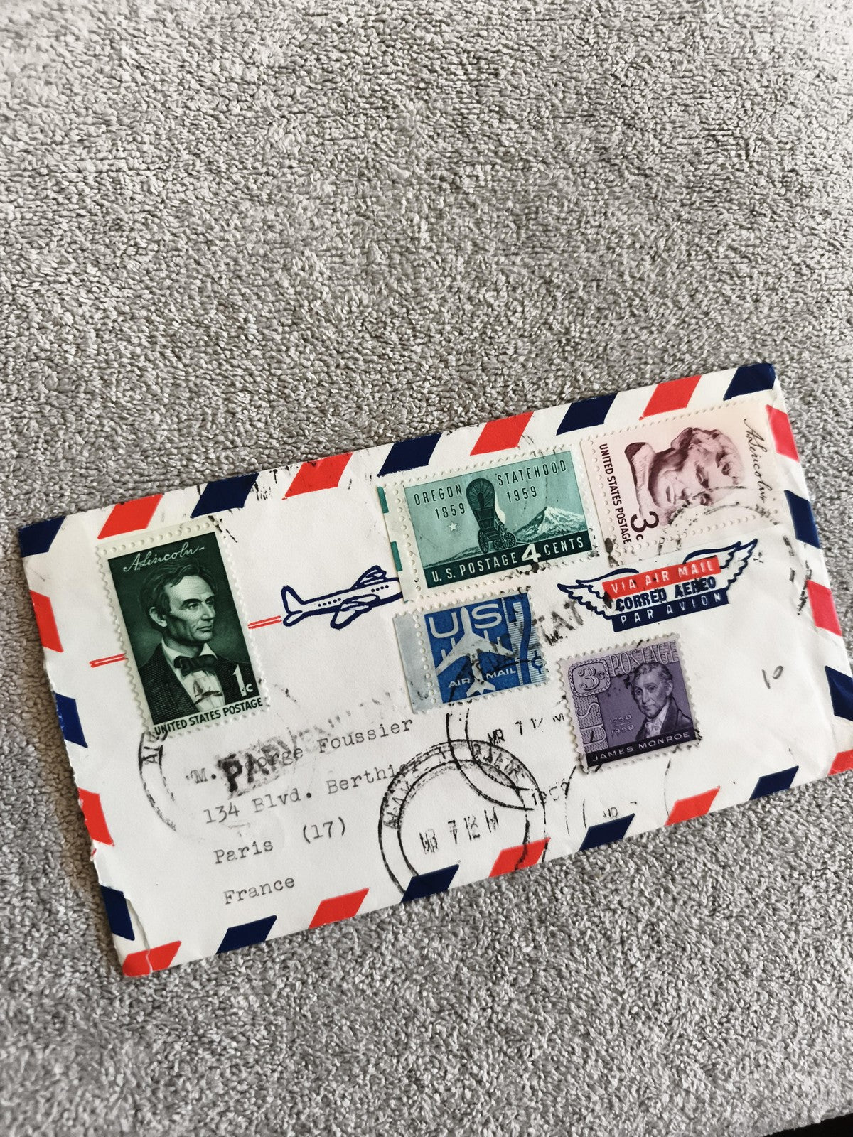 Lettre avion USA affranchie timbres Lincoln Monroe Oregon Air Mail philatélie