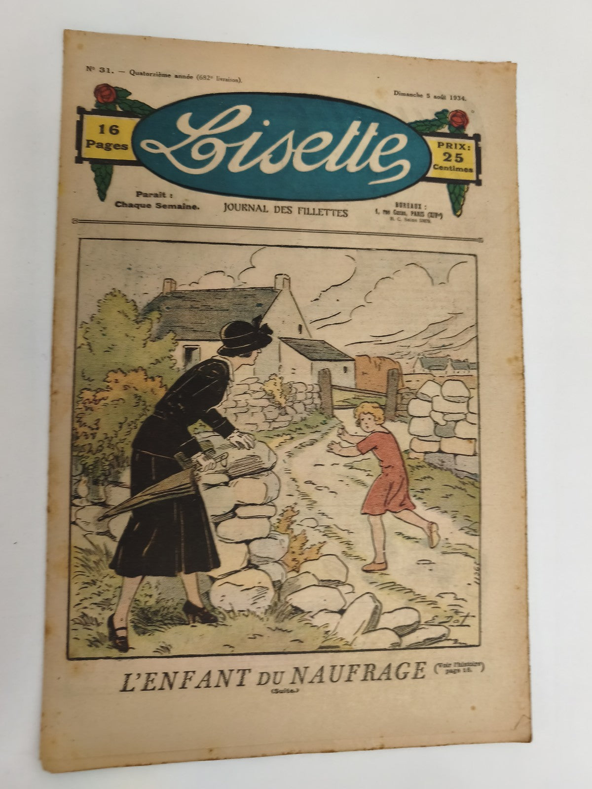 Journal ancien Lisette 1934 n°31 couverture illustrée, L'Enfant du naufrage