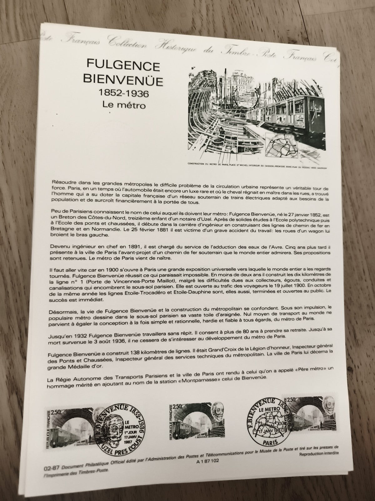 Document philatélique Fulgence Bienvenüe Le métro Paris 1852-1936 timbre Poste