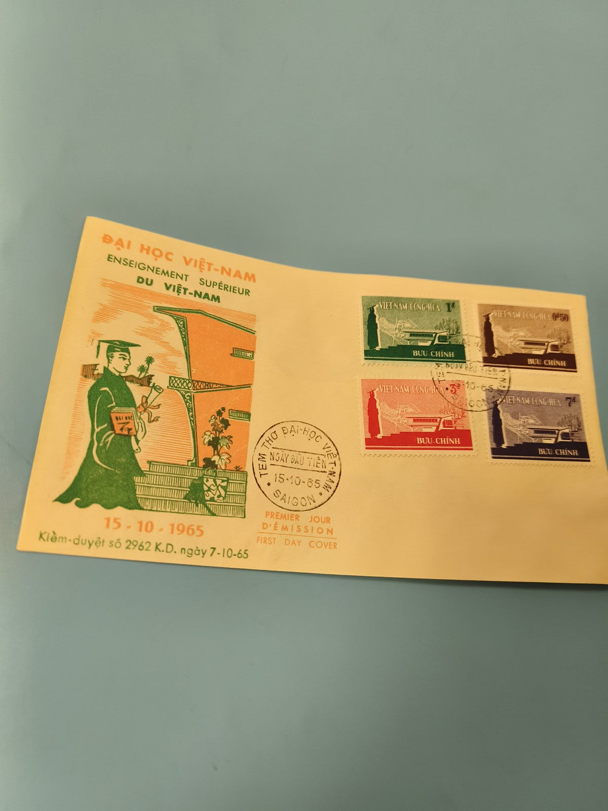 Ancienne enveloppe FDC Vietnam 1965, timbres Enseignement Supérieur, illustrée