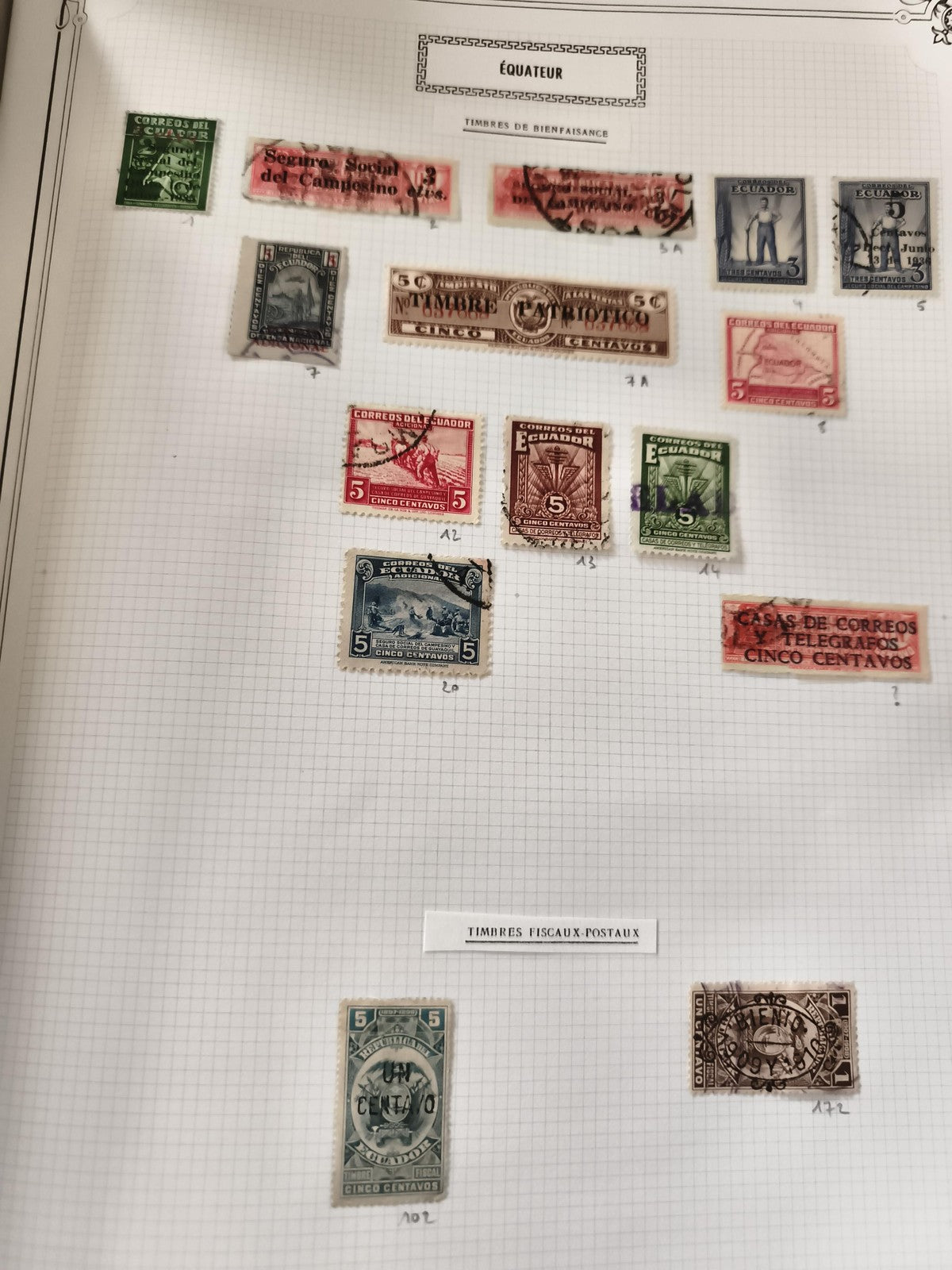 Timbres anciens Équateur lot x15, oblitérés, Cinco Centavos, philatélie vintage