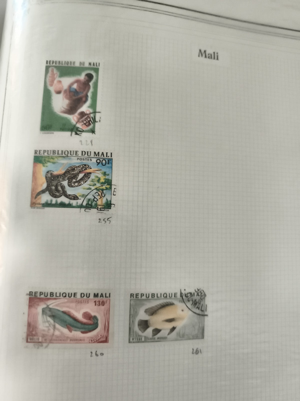 Timbres Mali oblitérés animaux poissons serpents 4 ex philatélie Afrique