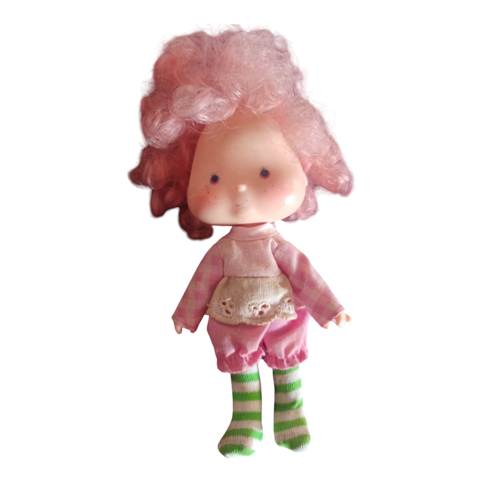 Poupée vintage Charlotte aux Fraises 80s cheveux roses tenue rayée rétro