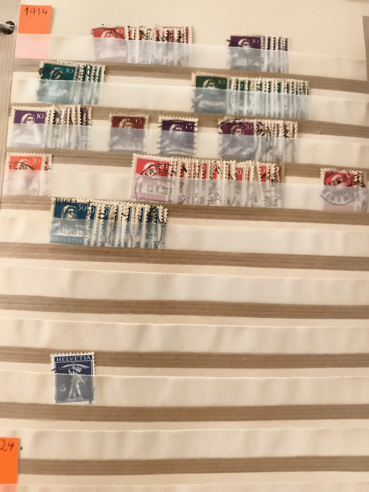 Timbres Helvetia oblitérés Suisse 1914, lot philatélie multicolore
