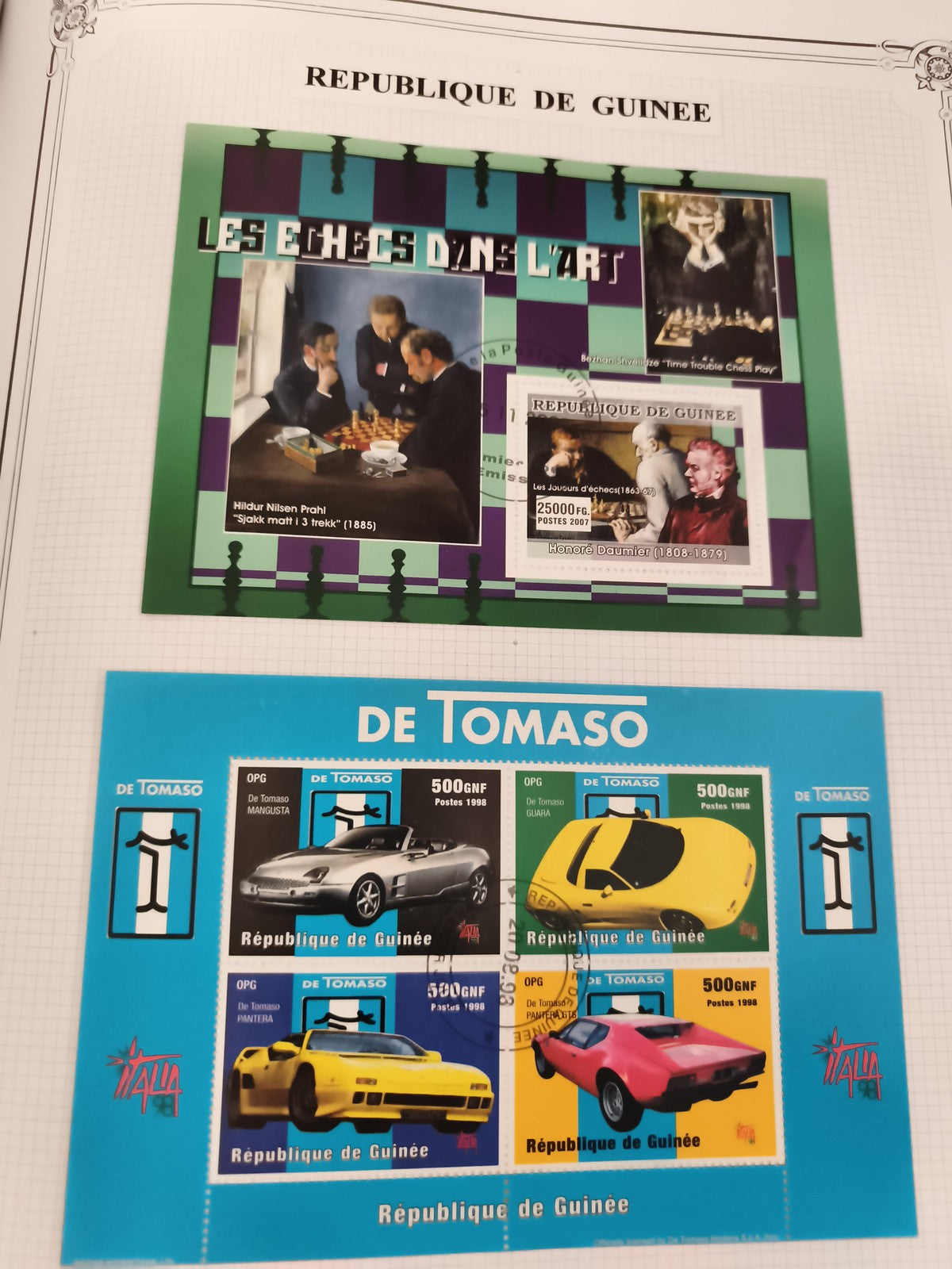 Timbres République de Guinée échecs dans l’art & De Tomaso autos, blocs thématiq