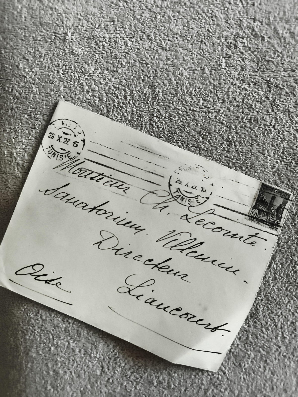 Lettre oblitérée Tunisie 1926 timbre 50c philatélie cachet postal