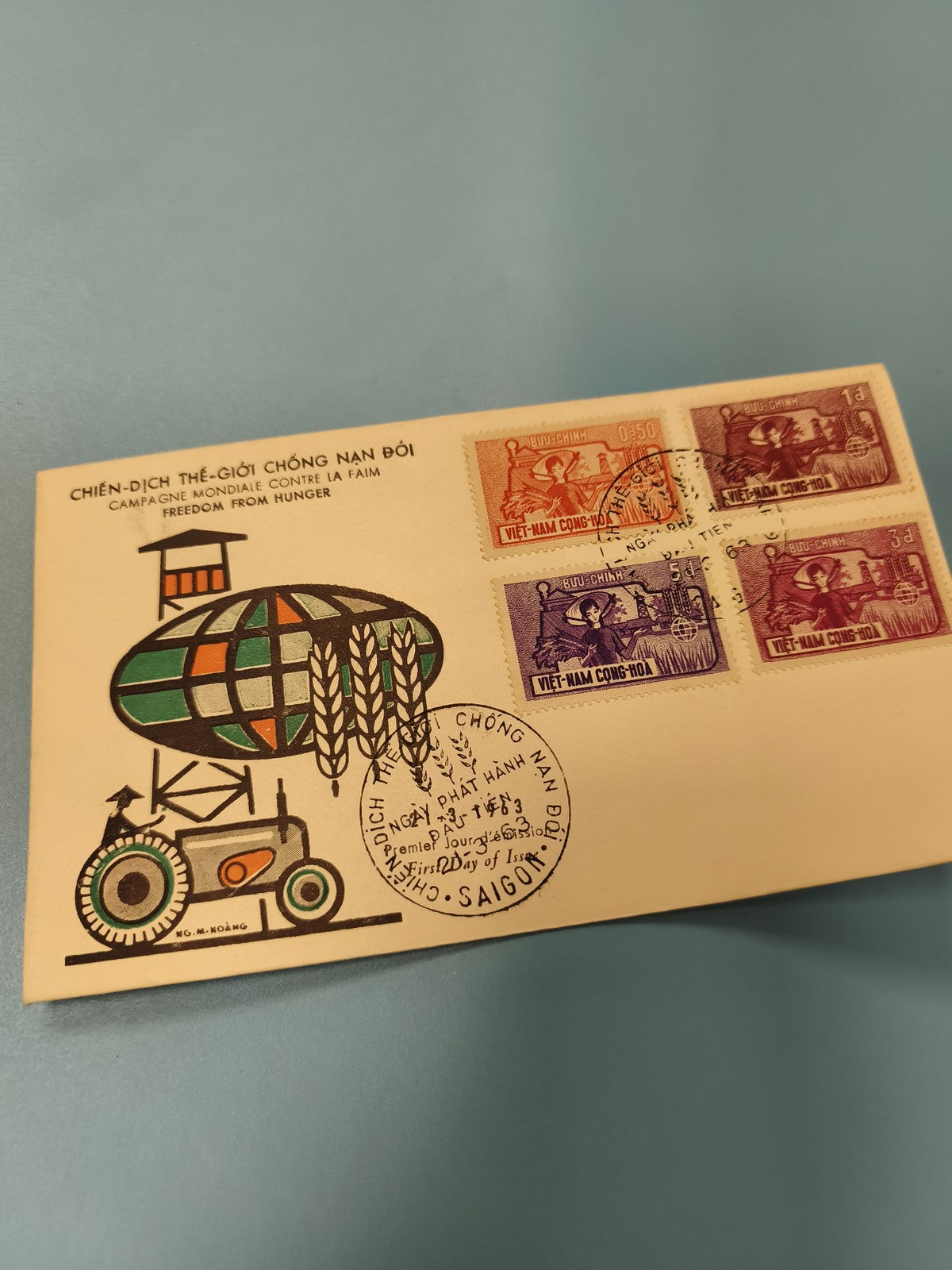 Ancienne enveloppe FDC Vietnam campagne contre la faim timbres 1963 illustrée
