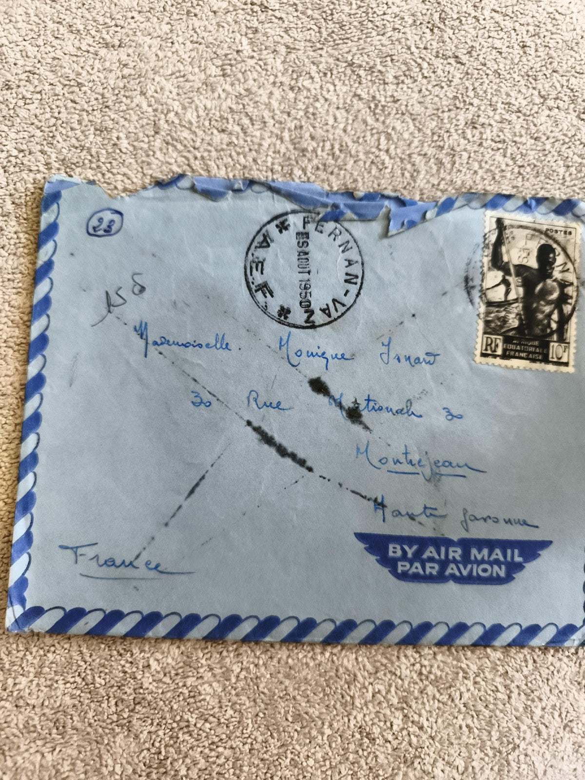 Lettre airmail 1950 Afrique Équatoriale Française timbre 10c RF Montejean