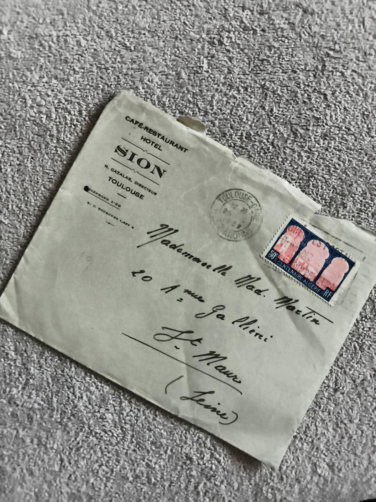 Lettre Hôtel Sion Toulouse timbres Centenaire Algérie RF oblitérés philatélie