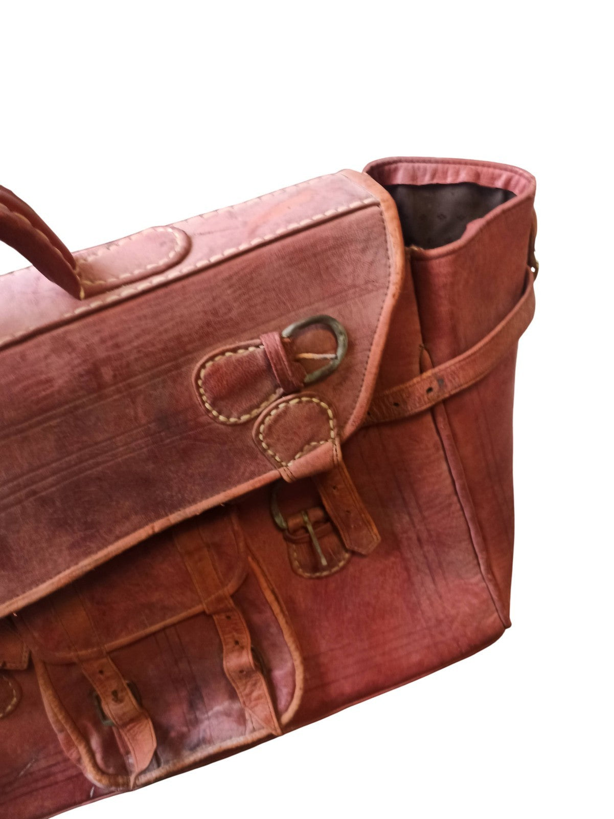 Cartable ancien cuir marron grand format sac vintage rétro scolaire