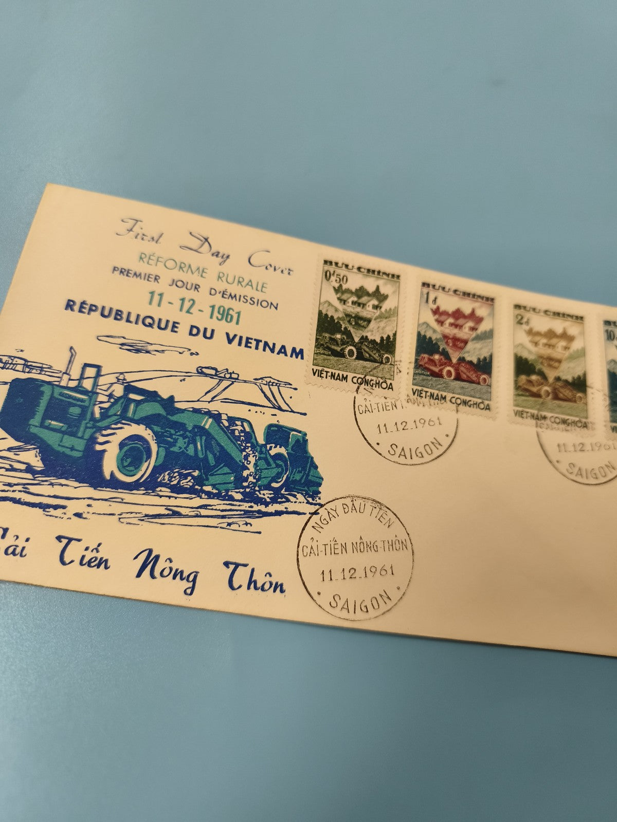 Ancienne enveloppe FDC Vietnam 1961 Réforme rurale timbres oblitérés Saigon