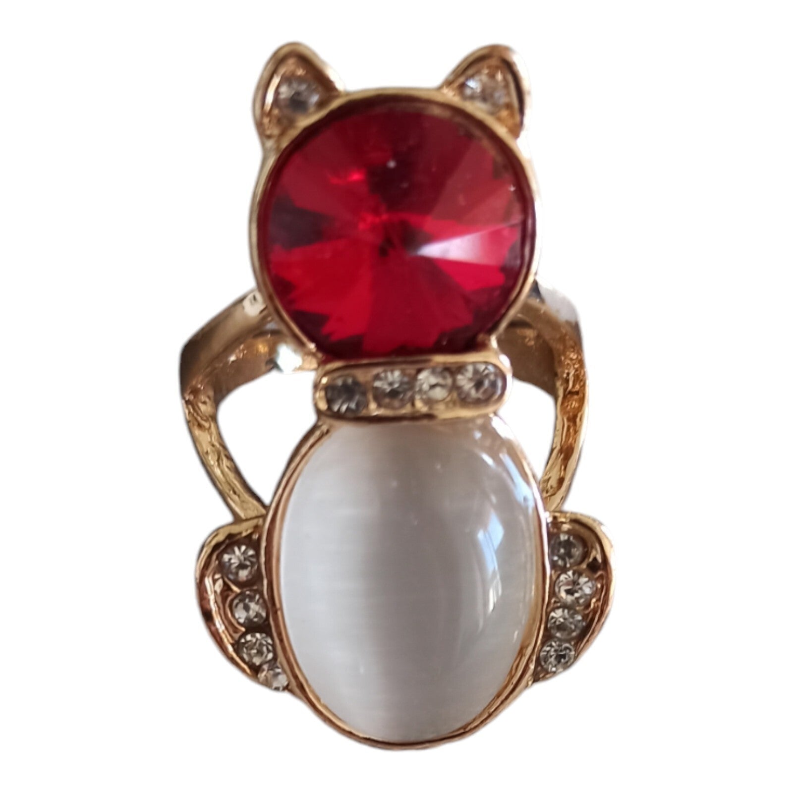 Bague chat vintage dorée opaline naturelle strass rouge blanc fantaisie T59