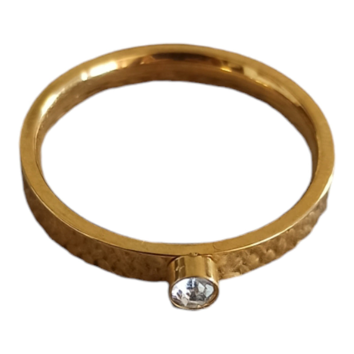Vintage gold ring with hammered finish, elegant rhinestone, size 61