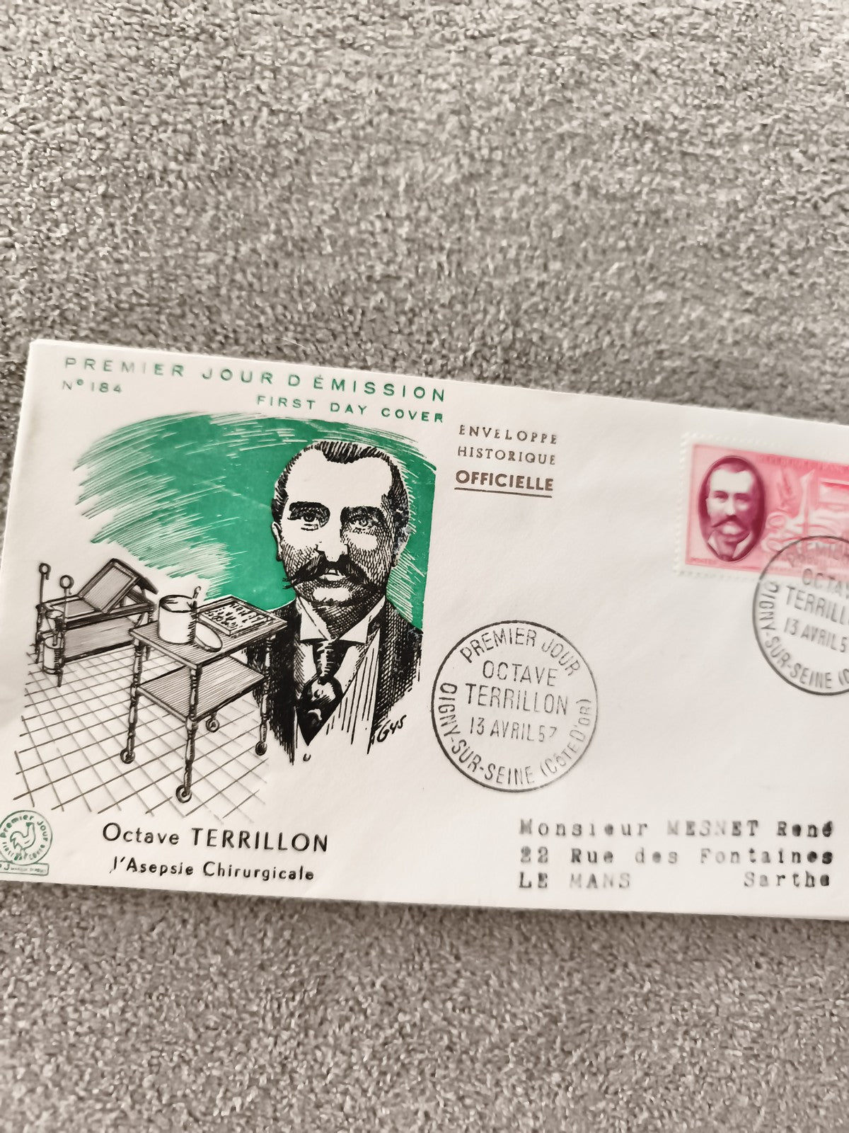 Enveloppe 1er jour Octave Terrillon 1957, asepsie chirurgicale, philatélie ancie