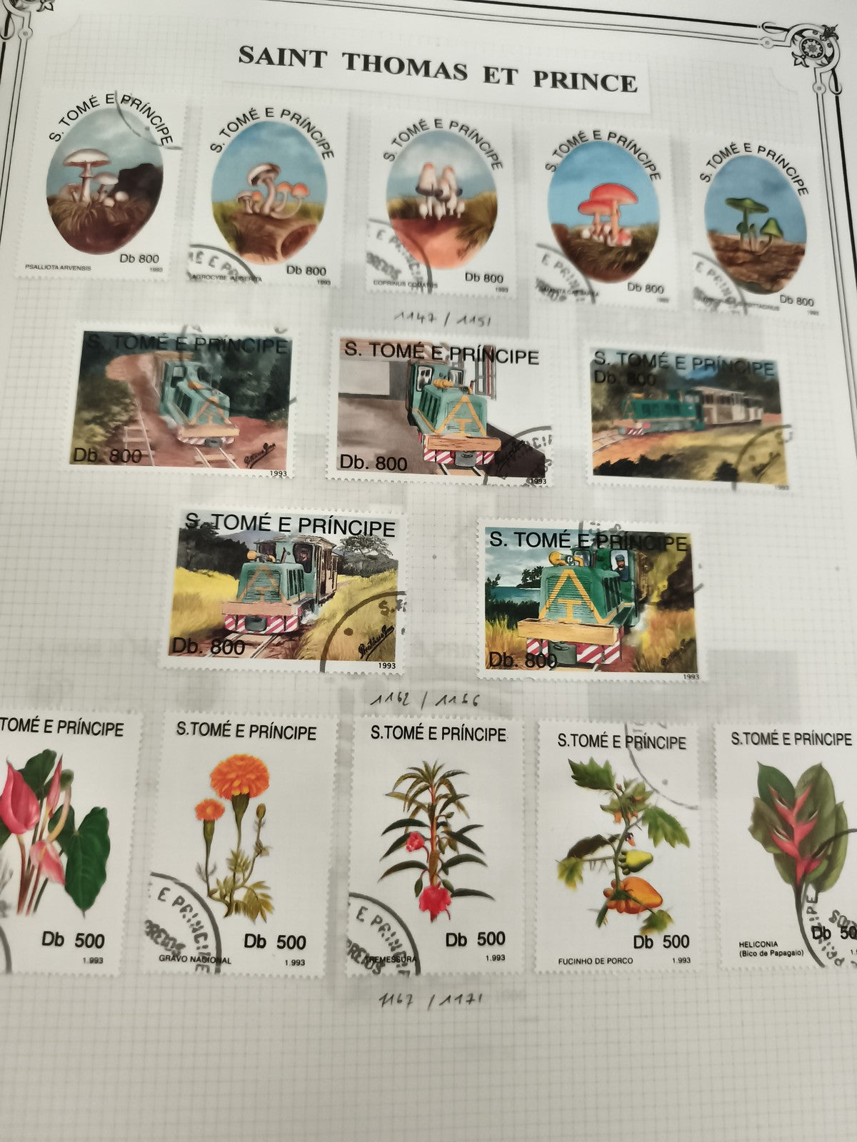Timbres oblitérés S. Tomé e Príncipe champignons trains fleurs 1993 Saint Thomas