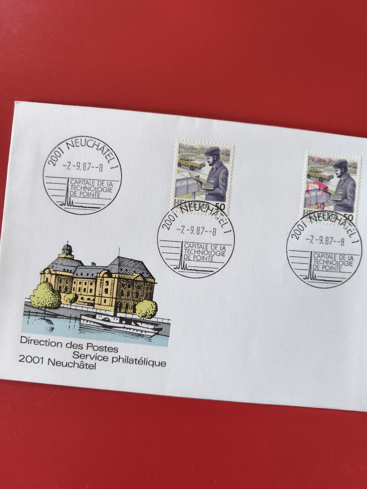 Enveloppe philatélie Neuchâtel oblitérée, timbres illustrés, Direction des Poste