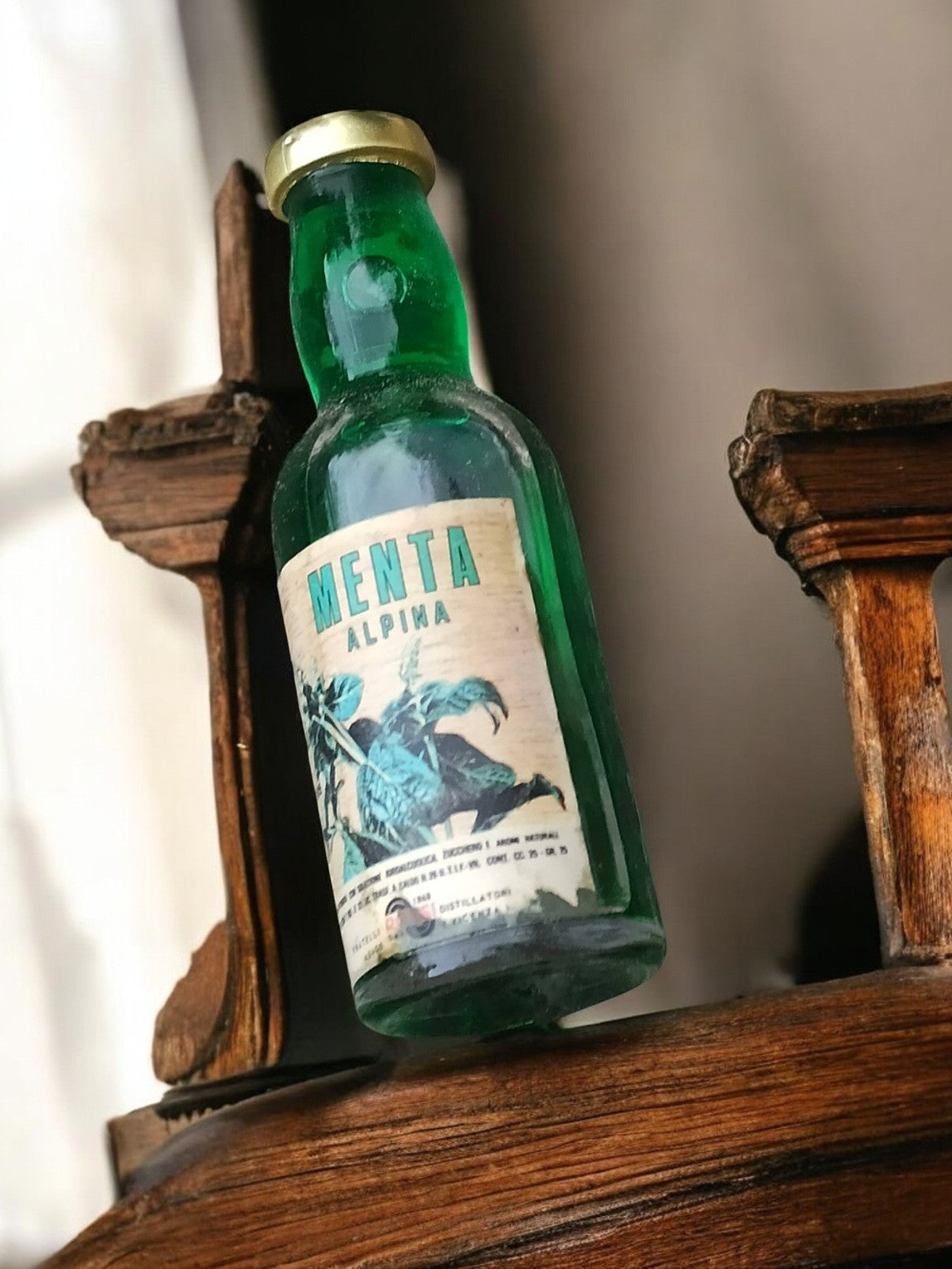 Mini bouteille vintage Menta Alpina vert déco rétro liqueur menthe bar ancien