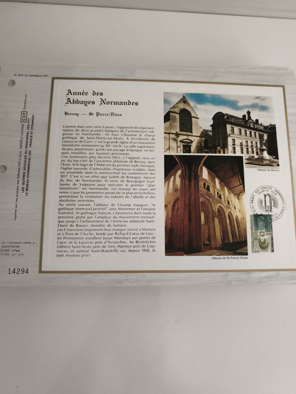 Feuillet philatélique CEF Année des Abbayes Normandes Bernay St Pierre/Dives
