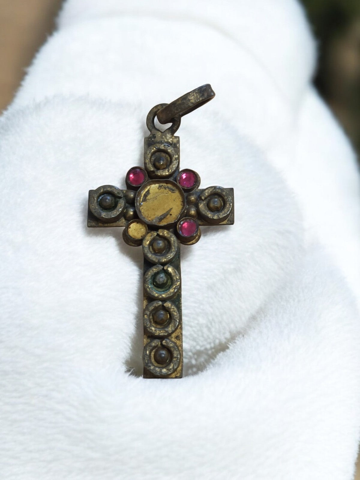 Vintage antique religious cross pendant, beaded decor, gilt effect and cabochons