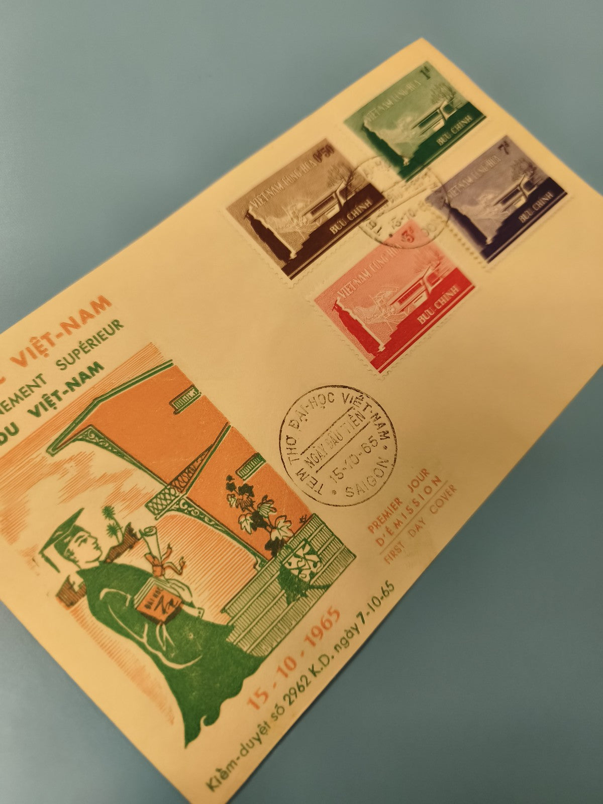 Ancienne enveloppe FDC Vietnam 1965 timbres premier jour illustrée éducation