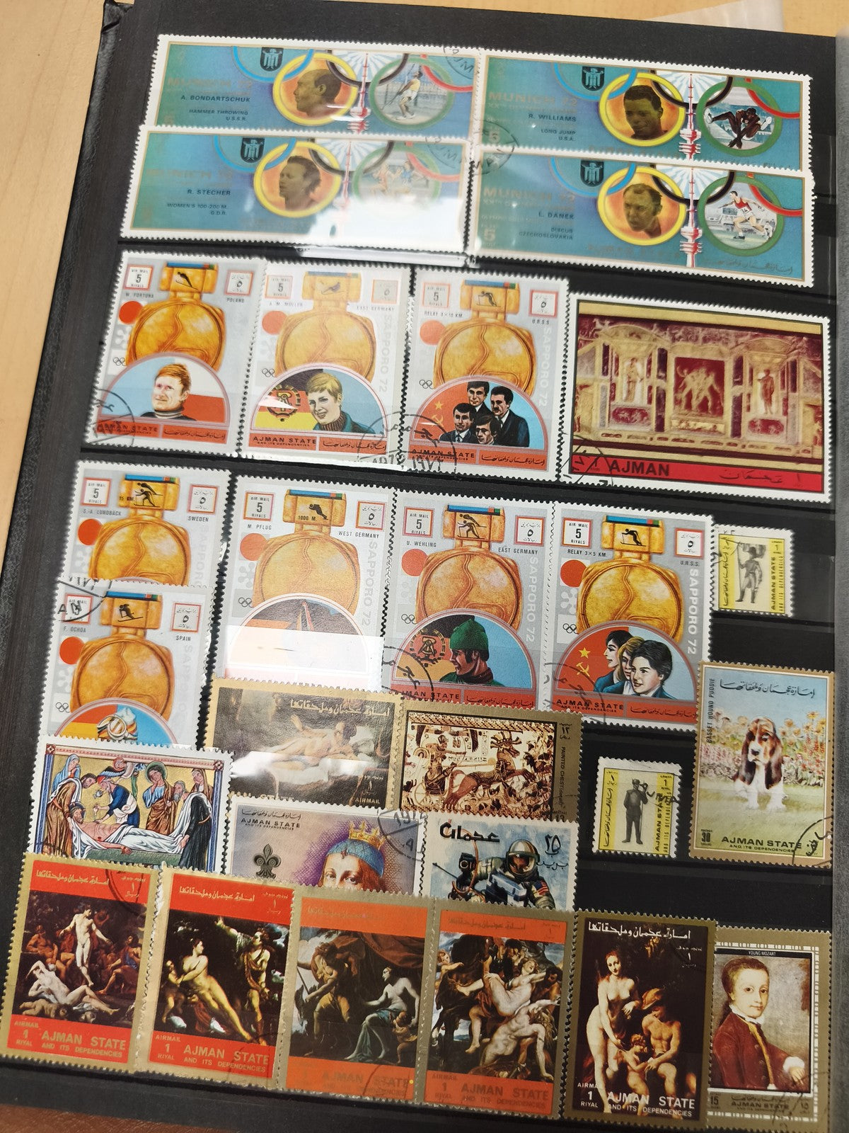 Lot timbres oblitérés thématiques Ajman, sport, art, animaux, support non inclus