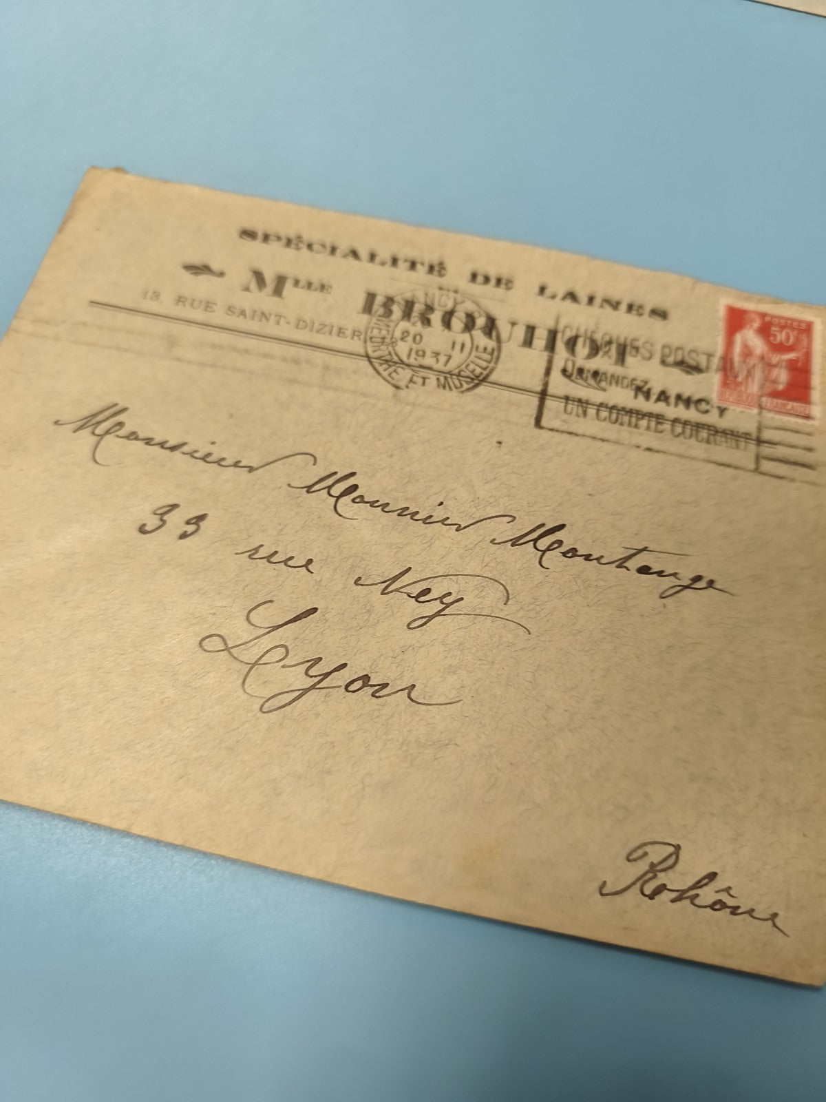 Ancienne enveloppe oblitérée 1937 philatélie vintage France timbre 50c (Ref 6)