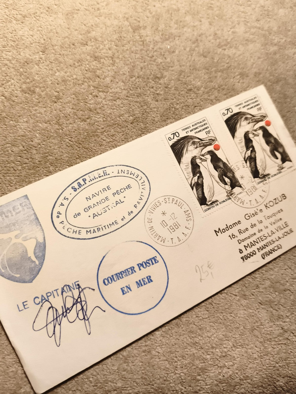 Lettre philatélique TAAF 1981 cachet navire pêche timbres pingouin poste maritim