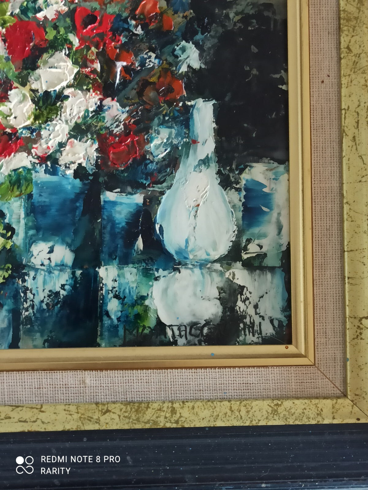 Tableau ancien signé Montaggioni fleurs nature morte cadre doré 32x28 cm peintur